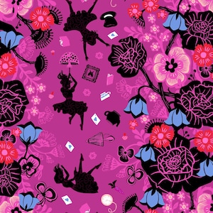 May include: A vibrant, repeating pattern featuring black silhouettes of figures, flowers, and whimsical elements on a magenta background. The design includes black roses, pink and red flowers, and blue bell-shaped blossoms, creating a whimsical floral theme.