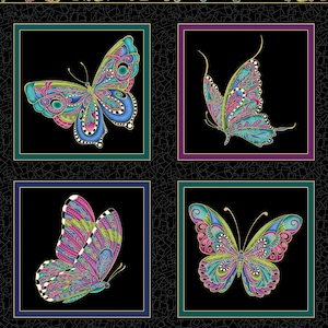 Benartex Alluring Butterflies 24&quot; x 43&quot; Panel in Black ~ 100% Cotton Fabric by Ann Lauer (13304M-12)