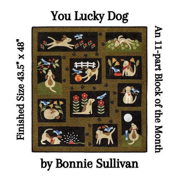 You Lucky Dog Quilt Pattern Set by Bonnie Sullivan / All Through the Night ~ 11 Block of the Month Puppy & Bird Friends Applique Patterns