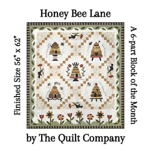 Honey Bee Lane Quilt Pattern Set by The Quilt Company ~ 6 Block of the Month Beehive & Flower Applique Patterns with Accessory Fabric Pack