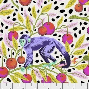 May include: A white fabric with a repeating pattern of monkeys, cherries, and black polka dots. The monkeys are purple and are sitting on branches with green leaves. The cherries are red and pink.