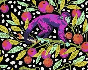 OOP RARE ~ FreeSpirit Tula Pink Monkey Wrench in Guava (PWTP134.GUAVA) ~ 100% Cotton Fabric ~ Monkeys on Black