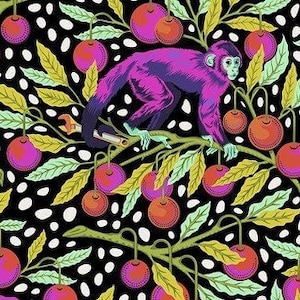 May include: A black background with a repeating pattern of pink and red cherries, white polka dots, and purple monkeys holding a wrench. The monkeys are sitting on green branches.