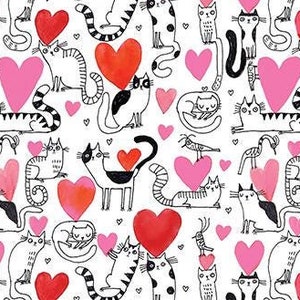 Benartex Purrfect Cats ~ Hearts and Cats in wit/roze ~ van Terry Runyan ~ 100% katoen (10335-23)