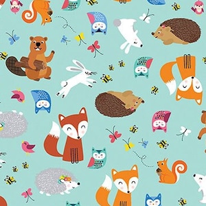 Benartex Happy Camper ~ Forest Friends in Light Aqua ~ 100% Cotton Fabric by Kanvas Studio (12846-80)