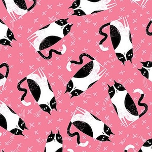 Benartex Purrfect Cats ~ Grillige katten in roze ~ van Terry Runyan ~ 100% katoen (13165-211)