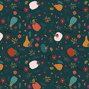 May include: A seamless pattern featuring a variety of fall-themed elements on a dark teal background. The pattern includes gourds, pumpkins, leaves, and flowers in shades of orange, red, pink, white, and green.