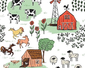 Riley Blake Farm Livin' Main in White ~ 100% Cotton Fabric (C15180-WHITE) ~ Cute Farm Animal Fabric for Kids Children