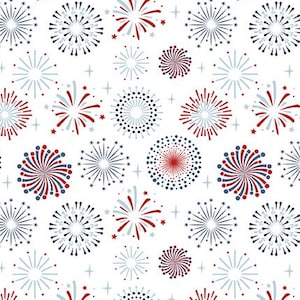 May include: A repeating pattern of stylized fireworks in red, white, and blue on a white background. The design features various firework shapes, including bursts, starbursts, and circular patterns, creating a festive and celebratory aesthetic.