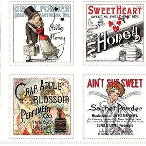 May include: A vintage Valentine's Day card set with six different designs. The cards feature illustrations of couples, hearts, and romantic messages. The text on the cards includes "Sweetheart", "Honey", "All My Heart", "Crab Apple Blossom", "Ain't She Sweet", and "Special Delivery Valentines".