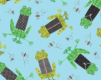 Benartex Frogtastic ~ Frogs in Vests in Turquoise ~ by Terry Runyan ~ 100% Cotton Fabric (13390-83)