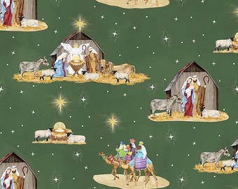 Come Let Us Adore Him: Main in Green (CD16310-GREEN) Riley Blake Christmas Nativity Fabric