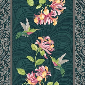 Benartex Hummingbirds & Honeysuckle ~ Border Stripe in Teal ~ 100% Cotton Fabric by Jackie Robinson (13214-84)