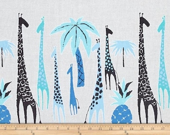 Tissu Michael Miller migration girafe ~ Double bordure imprimée (CX6891-BLUE) ~ 100 % coton ~ Fond gris pâle avec girafes bleues et turquoise