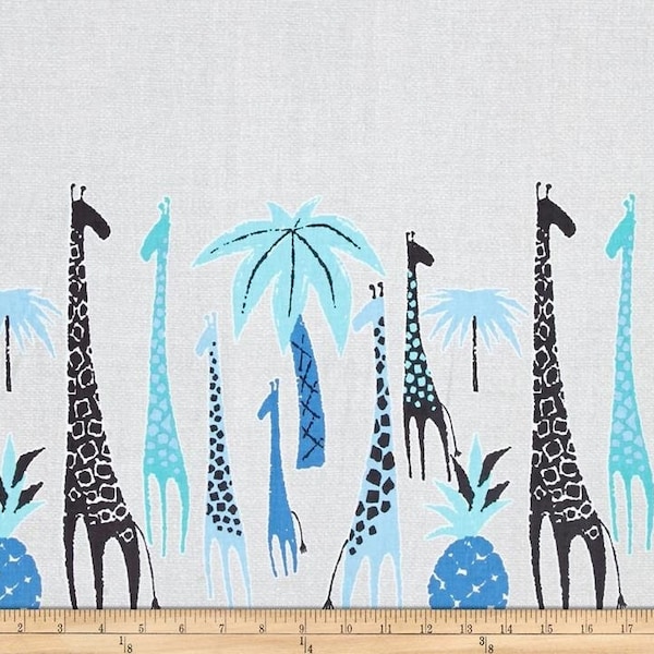 Michael Miller Migration Giraffe Fabric ~ Double Border Print (CX6891-BLUE) ~ 100% Cotton ~ Pale Grey Background with Blue & Aqua Giraffes