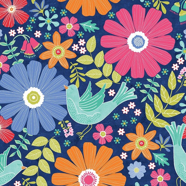 Benartex Chalk Garden ~ Happy Garden in Navy ~ 100% Cotton Fabric by Cherry Guidry of Cherry Blossoms Quilting Studio (13379-57)
