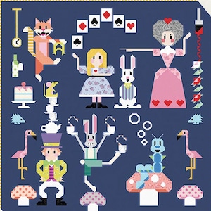 May include: A Mad Quilt Party complete quilt project with a dark blue background. The design features characters from Alice in Wonderland, including the Cheshire Cat, Alice, the White Rabbit, and the Queen of Hearts. The text "MAD QUILT PARTY" is at the top.