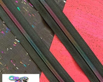 Sassafras Lane Designs 3 Yards #5 Black Zipper Tape with Rainbow Teeth + 6 Iridescent Pulls