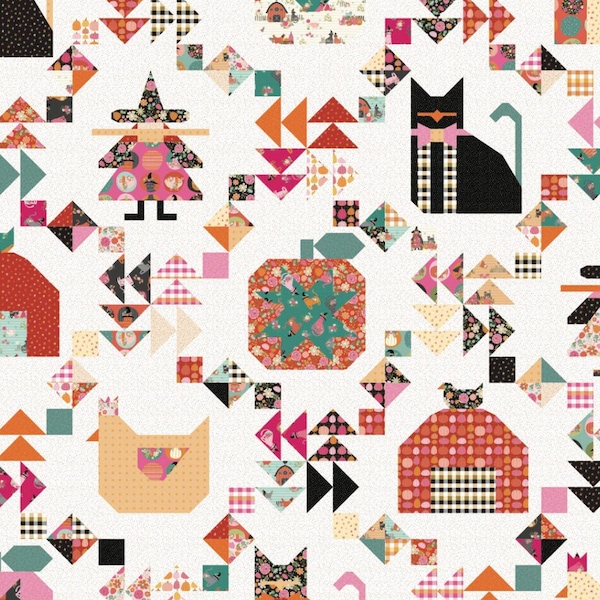 Witches Delight ~ A Pieced Quilt Pattern by Jina Barney of Poppie Cotton ~ Halloween Pumpkin Chicken Cat Fall Autumn Harvest (KCP23105)