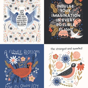 Moda Gingiber Birdsong Panel 36&quot; x 44&quot; ~ 100% Cotton Fabric ~ Inspirational Quotes Birds Flowers Jane Austen Walt Whitman Louisa May Alcott