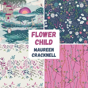 Art Gallery Flower Child by Maureen Cracknell ~ Navy Pink Stashbuilder Half Yard Bundle ~ 100% Cotton Fabric by AGF ~ Floral Birds Bunny Owl