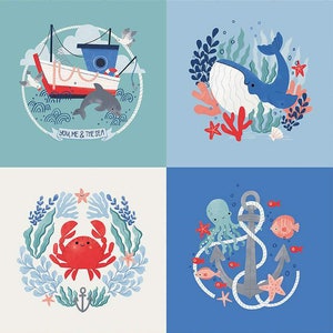 Riley Blake Lost at Sea ~ 36&quot; x 43&quot; You, Me & the Sea Panel ~ 100% Cotton Fabric ~ Ocean, Whale, Octopus, Nautical (P13407-PANEL)