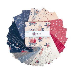 Riley Blake South Hill Fabric by Fran Gulick ~ Layer Cake 10&quot; Squares ~ Pink Navy Cream Periwinkle (10-12660-42) ~ Floral Squirrel Mushroom