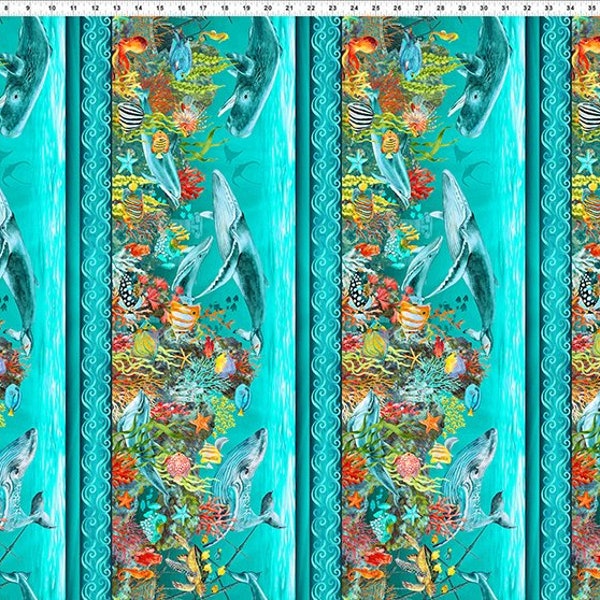 Jason Yenter ~ Calypso II Border Print ~ Tela 100% algodón de In the Beginning Fabrics (ITB) ~ Ocean Whale Sea Coral Reef Colorful Fish