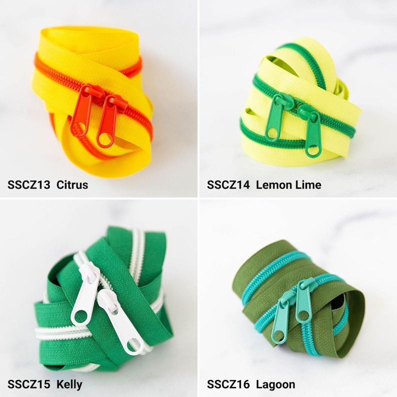 May include: Four coils of nylon zippers with double pulls. SSCZ13 Citrus is yellow with orange teeth. SSCZ14 Lemon Lime is pale yellow with green teeth. SSCZ15 Kelly is green with white teeth. SSCZ16 Lagoon is olive green with teal teeth.