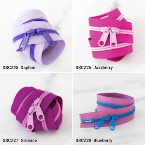 May include: Four coiled nylon zippers with double pulls. SSCZ25 Daphne is light purple with dark purple teeth. SSCZ26 Jazzberry is hot pink with light pink teeth. SSCZ27 Grimace is dark purple with light purple teeth. SSCZ28 Blueberry is mauve with blue teeth.