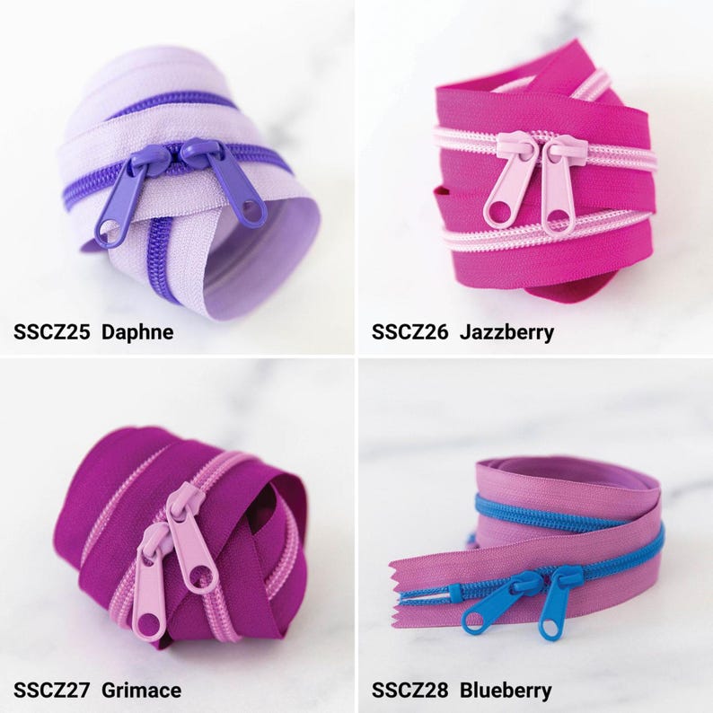 May include: Four coiled nylon zippers with double pulls. SSCZ25 Daphne is light purple with dark purple teeth. SSCZ26 Jazzberry is hot pink with light pink teeth. SSCZ27 Grimace is dark purple with light purple teeth. SSCZ28 Blueberry is mauve with blue teeth.