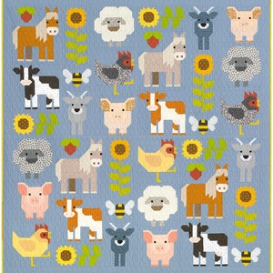 May include: A patchwork quilt featuring farm animals and sunflowers on a light blue background. The quilt showcases various animals, including horses, sheep, cows, goats, pigs, and chickens, along with bees and sunflowers. The quilt has a yellow border.