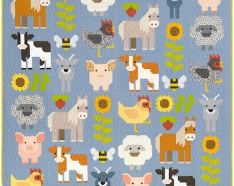 Fab Farm ~ A Pieced Quilt Pattern by Elizabeth Hartman (EH-069) featuring Cute Farm Animals: Horse Cow Sheep Goat Chicken Pig Bee Sunflower