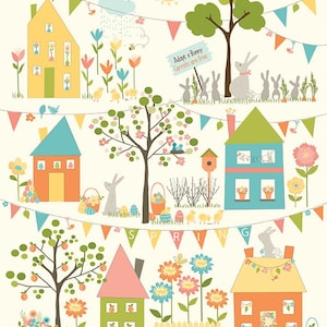 May include: A colorful illustration of a spring scene with houses, trees, flowers, and bunnies. The text "Adopt a Bunny Carrots are free" is written on a sign. The word "SPRING" is spelled out with colorful flags.