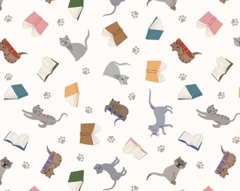 Lewis & Irene The Purrfect Book Club ~ Scattered Cats and Books Cream (A965A) ~ 100% Cotton Fabric