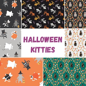 Halloween Kitties Half Yard Bundle of 7 Prints ~ 100% Cotton Fabric by Riley Blake Designs ~ Cute Halloween Cat Fabric Bundle