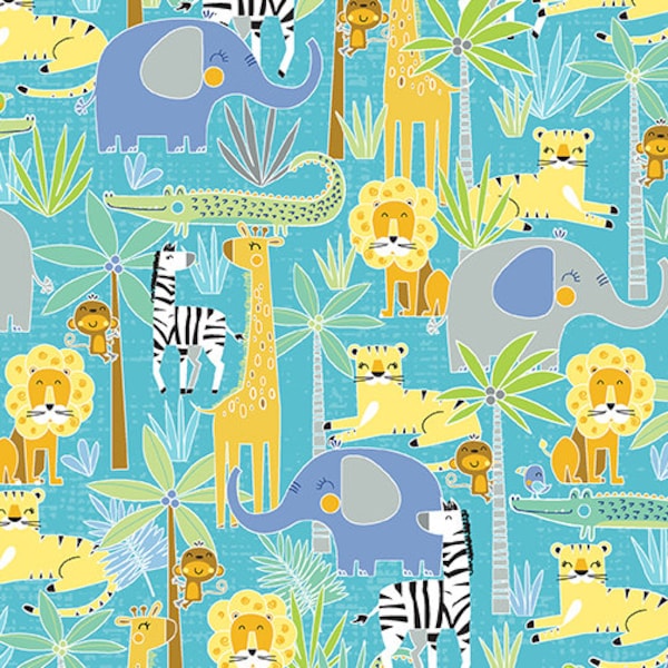 Benartex Sweet Safari ~ Jungle Safari Animals in Turquoise ~ 100% Cotton Fabric by Kanvas Studio (9896-84)