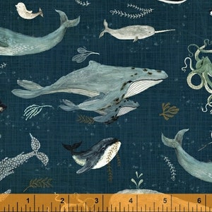 Windham Whale Tales Essentials ~ Whales in Ocean ~ by Katherine Quinn ~ 100% Cotton Fabric ~ Nautical Sea Creatures Narwhal Beach
