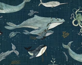 Windham Whale Tales Essentials ~ Whales in Ocean ~ by Katherine Quinn ~ 100% Cotton Fabric ~ Nautical Sea Creatures Narwhal Beach