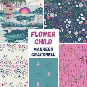 Galería de arte Flower Child de Maureen Cracknell ~ Paquete de media yarda de Stashbuilder en rosa agua ~ Tela 100 % algodón de AGF ~ Pájaros florales, conejito, búho