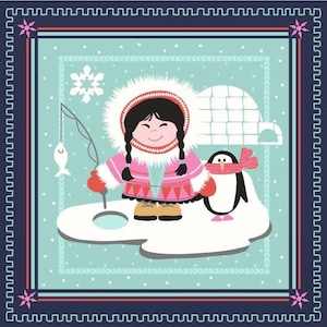 Studio E Arctic Girl 23&quot; Fabric Panel ~ Designed by Small Factory ~ Cute Kid Children&#39;s Fabric ~ Eskimo Winter Penguin Igloo Fishing Aqua