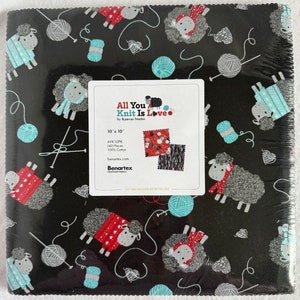 Benartex All You Knit Is Love ~ Pre-cut Layer Cake Bundle ~ 10&quot; Squares ~ 100% Cotton Sheep Fabric (AYK10PK)