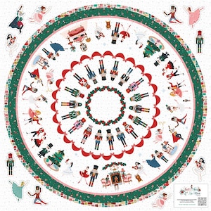 May include: Circular fabric featuring a festive Nutcracker theme. The design includes illustrations of Nutcracker soldiers, ballerinas, and Christmas trees arranged in a circular pattern. The border is green with a dotted pattern and red scalloped edges.