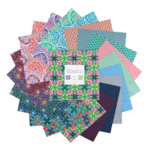 May include: A pack of 42 fabric squares, each measuring 5 inches by 5 inches, featuring a variety of colorful geometric patterns. The fabric squares are arranged in a circle, with the label "Dreamy" in the center. The fabric squares are perfect for quilting, patchwork, and other craft projects.