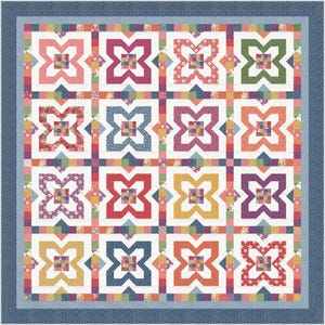 May include: A colorful quilt with a blue border. The quilt features a repeating pattern of floral and geometric shapes in various colors, including pink, green, orange, and purple. The quilt is likely made of cotton fabric.
