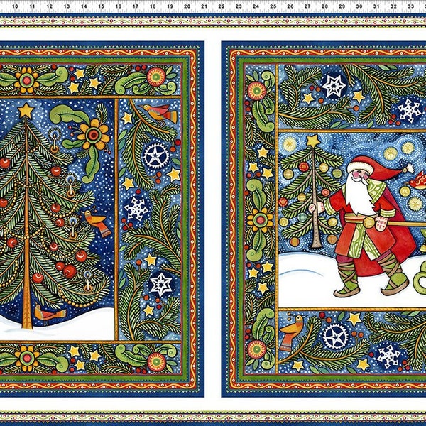 Julie Paschkis ~ Snowy ~ 24" Large Block Panel ~ 100% Cotton Fabric from In the Beginning Fabrics (ITB) ~ Christmas Tree Santa Claus Sleigh