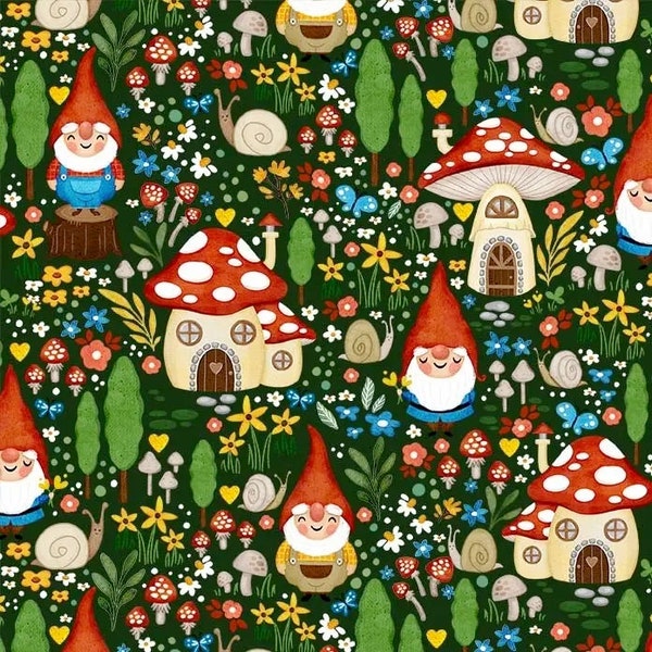 Gnome Sweet Gnome Garden en verde (DC9605-GREE-D) de Monkey Mind Design para Michael Miller Fabrics 100% Cotton Fabric - Mushroom Elf Floral