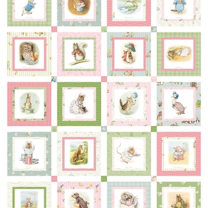 May include: A colorful quilt featuring 16 different squares with images of Peter Rabbit and other Beatrix Potter characters. Each square has a different background pattern and features a different character from the stories.