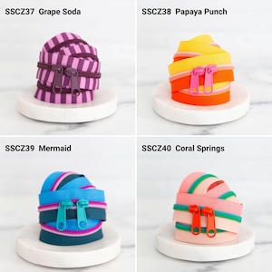 May include: Four coiled zippers labeled SSCZ37 Grape Soda with purple stripes, SSCZ38 Papaya Punch with yellow and orange, SSCZ39 Mermaid with blue and pink, and SSCZ40 Coral Springs with pink and green, each featuring two matching zipper pulls.