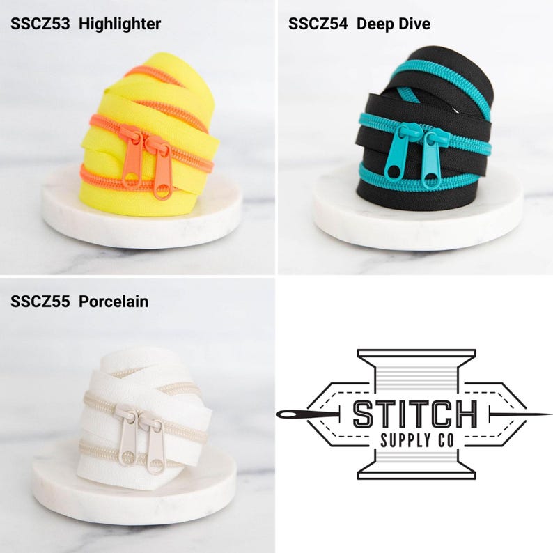 May include: Three coiled zippers with double pulls. SSCZ53 Highlighter is yellow with orange teeth. SSCZ54 Deep Dive is black with teal teeth. SSCZ55 Porcelain is white with off-white teeth. The Stitch Supply Co logo is in the bottom right corner.